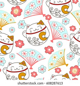 Cute pattern with talismans cat maneki neko bringing good luck and fortune, fans and sakura flowers.