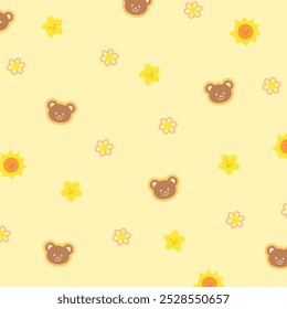 Patrón lindo del oso de peluche, flor, estrella, sol en el fondo amarillo pastel para la impresión animal, Fondo de pantalla, telón de fondo, envoltura del regalo, empaquetado, tienda del recuerdo, tela del verano, ropa del animal doméstico, diseño de papel, tarjeta