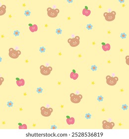 Cute pattern of teddy bear, flowers, apple on pastel yellow background for animal print, wallpaper, backdrop, gift wrap, packaging, zoo, souvenir shop, kid fabric, pet clothes, paper design, textiles