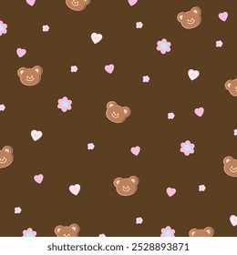 Cute pattern of teddy bear, heart, flowers on brown background for wallpaper, backdrop, gift wrap, packaging, paper design, book cover, kid clothes, fabric, animal print, Valentine card, pyjamas