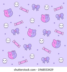 Cute pattern with teddy bear, skulls and sweets on a purple background.
