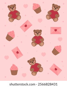  cute pattern with teddy bears holding red hearts, pink cupcakes with sprinkles, pink envelopes with heart seals. Romantic seamless background for valentine's day