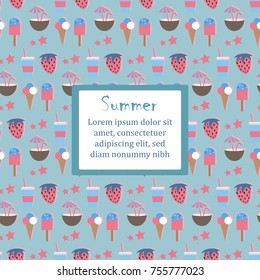 Cute Pattern with  Text and summer elements like watermelon, coffee, ice cream, coconut, etc. Vector Illustration