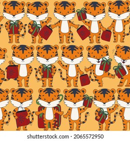Cute pattern with tiger character. New year 2022 seamless vector pattern with  gift, surprise, cat, christmas tree, christmas decoration.
