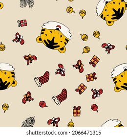 Cute pattern with tiger character. New year 2022 seamless vector pattern with  gift, surprise, cat, christmas tree, christmas decoration.
