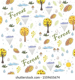 Cute Pattern with trees and clouds. Hand Drawn Scandinavian Style. Vector Illustration