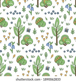 Patrón lindo con árboles, flores y mariposa. Gráficos vectoriales
