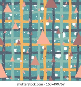 Cute Pattern with triangles with pastel blue stripes. background with tiny dots.Hand Drawn Design. 