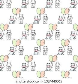 Cute pattern with two hippo cartoon with ballon hand background - Vector