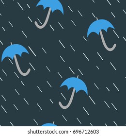 Cute pattern with umbrella and rain, weather concept on dark blue background.