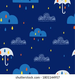 Cute pattern of umbrellas, clouds and multicolored drops