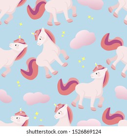 Cute pattern with unicorn and clouds. Vector illustration. 