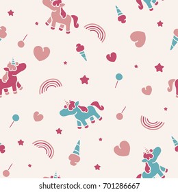 Cute pattern with unicorn and rainbows. Seamless background, ready for printing on textile and other seamless design.
