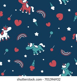 Cute pattern with unicorn and rainbows. Seamless background, ready for printing on textile and other seamless design.