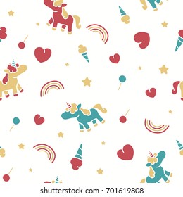 Cute pattern with unicorn and rainbows. Seamless background, ready for printing on textile and other seamless design.
