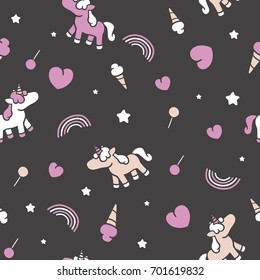 Cute pattern with unicorn and rainbows. Seamless background, ready for printing on textile and other seamless design.