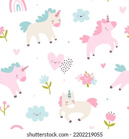 Cute pattern with unicorns for baby girls. Girly vector seamless print for textile and nursery.