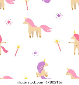 cute pattern of unicorns and magic wands - seamless vector