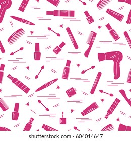 Cute pattern of various accessories of decorative cosmetics, hair  and face care products. Design element for print. 