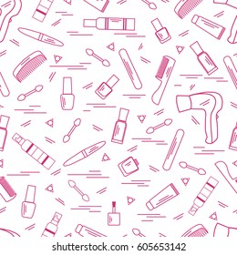 Cute pattern of various accessories of decorative cosmetics, hair  and face care products. Design element for print. 