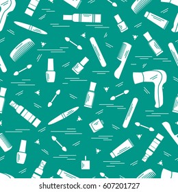 Cute pattern of various accessories of decorative cosmetics, hair  and face care products. Design element for print. 