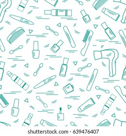 Cute pattern of various accessories of decorative cosmetics, hair  and face care products. Design element for print. 