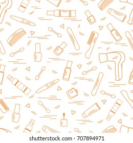 Cute pattern of various accessories of decorative cosmetics, hair  and face care products. Design element for print. 