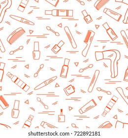 Cute pattern of various accessories of decorative cosmetics, hair  and face care products. Design element for print. 