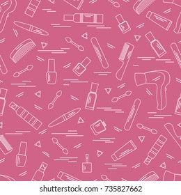 Cute pattern of various accessories of decorative cosmetics, hair  and face care products. Design element for print. 