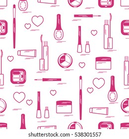 Cute pattern of  various elements of decorative cosmetics and care products for face and body. Design element for print. 