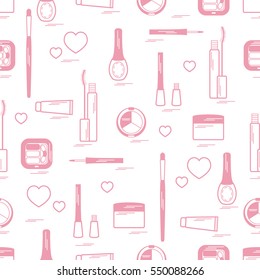 Cute pattern of  various elements of decorative cosmetics and care products for face and body. Design element for print. 