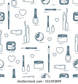 Cute pattern of  various elements of decorative cosmetics and care products for face and body. Design element for print. 