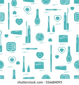 Cute pattern of  various elements of decorative cosmetics and care products for face and body. Design element for print. 