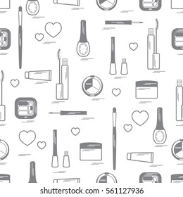 Cute pattern of  various elements of decorative cosmetics and care products for face and body. Design element for print. 