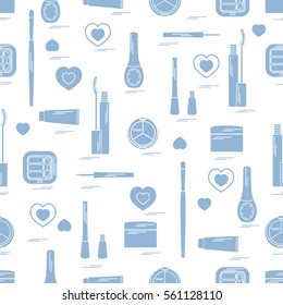 Cute pattern of  various elements of decorative cosmetics and care products for face and body. Design element for print. 