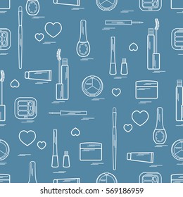 Cute pattern of  various elements of decorative cosmetics and care products for face and body. Design element for print. 