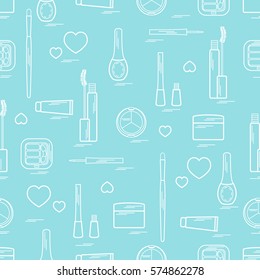 Cute pattern of  various elements of decorative cosmetics and care products for face and body. Design element for print. 