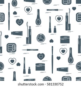 Cute pattern of  various elements of decorative cosmetics and care products for face and body. Design element for print. 