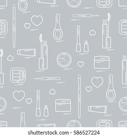 Cute pattern of  various elements of decorative cosmetics and care products for face and body. Design element for print. 