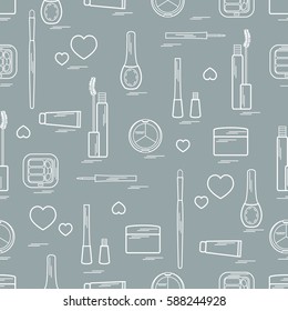 Cute pattern of  various elements of decorative cosmetics and care products for face and body. Design element for print. 