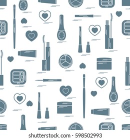Cute pattern of  various elements of decorative cosmetics and care products for face and body. Design element for print. 