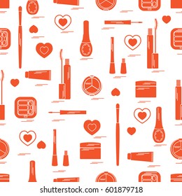 Cute pattern of  various elements of decorative cosmetics and care products for face and body. Design element for print. 