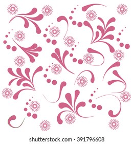 Cute pattern with various naive plants and contours of flowers on a white background