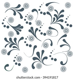 Cute pattern with various naive plants and contours of flowers on a white background