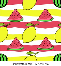 Cute pattern watermelon and lemon fruits for background and print