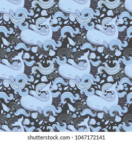 Cute pattern Whale cartoon vector. Hand draw illustration.