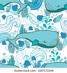 Cute pattern Whale cartoon vector. Hand draw illustration.