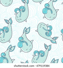 Cute pattern with whales in a cartoon style. Vector illustration.