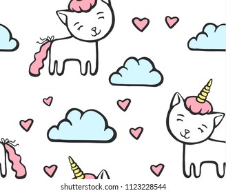Cute pattern with white cat unicorn with pink horn on sky background with cloud and hearts. Hand drawn vector illustration for textile or wallpaper.