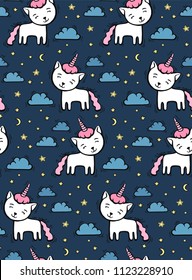 Cute pattern with white cat unicorn with pink horn on night sky background with moon and stars. Hand drawn vector illustration for textile or wallpaper.